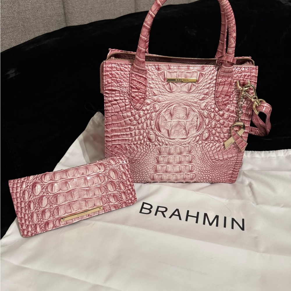 Brahmin Pink Embossed Satchel and Wallet Set